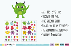 Monster clipart bundle preview showing all characters and sticker sheets, from the Otoko RP collection by Lapeti Crafter.