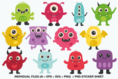 Cute colorful monster clipart set with 12 funny characters in bright pastel tones, perfect for kids crafts and Halloween projects.