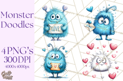 Cute Valentine Monster Doodle Clipart Adorable Love PNG Product Image 1