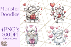 Cute Valentine Monster Doodle Clipart Adorable Love PNG Product Image 1