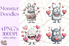 Cute Valentine Monster Doodle Clipart Adorable Love PNG Product Image 1