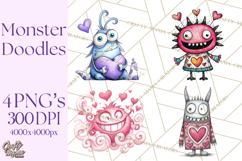 Cute Valentine Monster Doodle Clipart Adorable Love PNG Product Image 1