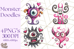Cute Valentine Monster Doodle Clipart Adorable Love PNG Product Image 1