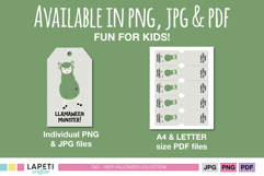 Printable sheet showing multiple llama monster tags ready to cut and use.