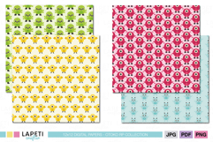Fun monster patterns in yellow, green, pink, and blue with kawaii creatures for children’s party crafts and printable projects.