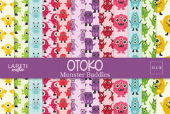 Cute colorful monster digital papers in pastel tones with friendly characters, perfect for kids crafts and scrapbooking projects.