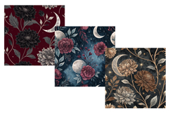 moody harvest, black dahlias, crescent moon, smoke foliage, gothic autumn, luxury pattern, seamless background, digital paper, printable art, junk journal, scrapbook paper, commercial use, digital download, dark florals, velvet texture, wine tones, night 