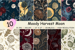 moody harvest, black dahlias, crescent moon, smoke foliage, gothic autumn, luxury pattern, seamless background, digital paper, printable art, junk journal, scrapbook paper, commercial use, digital download, dark florals, velvet texture, wine tones, night 