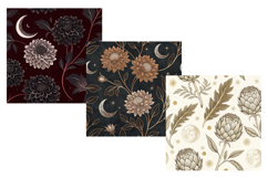 moody harvest, black dahlias, crescent moon, smoke foliage, gothic autumn, luxury pattern, seamless background, digital paper, printable art, junk journal, scrapbook paper, commercial use, digital download, dark florals, velvet texture, wine tones, night 