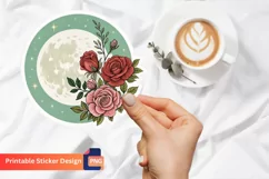 Moon And Rose Flowers Sticker, Rose Floral Art Sticker Product Image 1