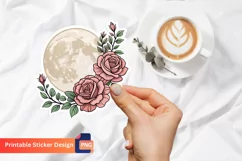 Moon And Rose Flowers Sticker, Rose Floral Art Sticker Product Image 1