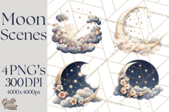 Moon Scenes Clipart, Crescent Moon Art, Starry Sky PNG Product Image 1