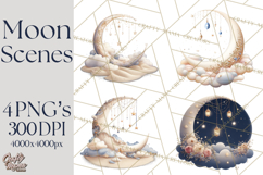 Moon Scenes Clipart, Crescent Moon Art, Starry Sky PNG Product Image 1