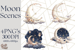 Moon Scenes Clipart, Crescent Moon Art, Starry Sky PNG Product Image 1