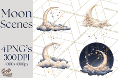 Moon Scenes Clipart, Crescent Moon Art, Starry Sky PNG Product Image 1