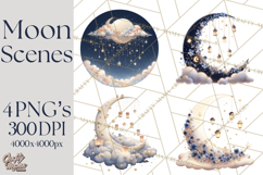 Moon Scenes Clipart, Crescent Moon Art, Starry Sky PNG Product Image 1