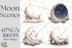 Moon Scenes Clipart, Crescent Moon Art, Starry Sky PNG Product Image 1