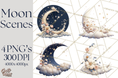 Moon Scenes Clipart, Crescent Moon Art, Starry Sky PNG Product Image 1