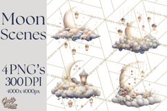 Moon Scenes Clipart, Crescent Moon Art, Starry Sky PNG Product Image 1