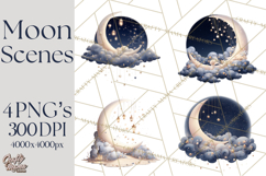 Moon Scenes Clipart, Crescent Moon Art, Starry Sky PNG Product Image 1