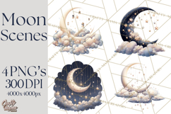 Moon Scenes Clipart, Crescent Moon Art, Starry Sky PNG Product Image 1