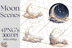 Moon Scenes Clipart, Crescent Moon Art, Starry Sky PNG Product Image 1