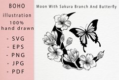 Boho illustration / Moon With Sakura Branch And Butterfly Product Image 1