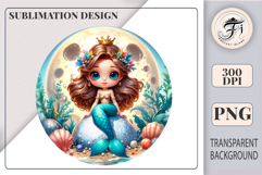 Cute little mermaid sitting by the sea with the full moon behind her, surrounded by seashells, sparkles, and fantasy ocean plants. Ideal for kids’ projects and sublimation crafts.