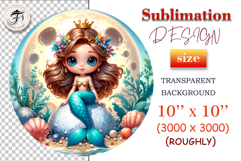 Cute little mermaid sitting by the sea with the full moon behind her, surrounded by seashells, sparkles, and fantasy ocean plants. Ideal for kids’ projects and sublimation crafts.