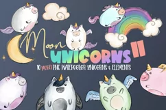 Moon Unicorns II| 10 more png watercolor unicorns & elements Product Image 1
