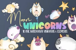 Moon Unicorns| 10 png watercolor unicorns & elements|clipart Product Image 1