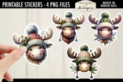 Moose In Hats Printable Christmas Stickers | 4 PNG Stickers Product Image 1