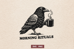 Morning Rituals Crow SVG, Vintage Raven with Coffee Cup PNG Product Image 1