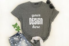 Mockup Gray T-shirt with Denim Shorts Sunglasses Real Photo Product Image 1