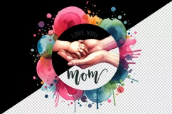 Mother hands holding baby hands vibrant splash Love You Mom quote print 20 oz tumbler skinny mug wrap clipart t-shirt sublimation printable design