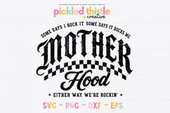 Black gothic style typography design reading “Mother Hood” with a curved quote above and below. Includes checkered arch detail and script lettering. Displayed on a clean white background for digital download preview.