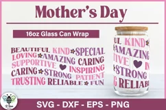 Mothers Day positive word cloud being shown as a design on a 16oz libbey beer can glass
