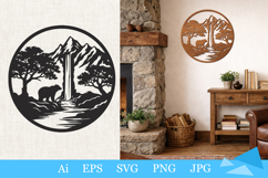 mountain wall art, bear silhouette, cabin decor, laser cut design, cricut file, wilderness art, rustic home decor, wildlife wall art, nature svg