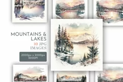 Mountains and Lakes Scene | Watercolour Clipart JPG Product Image 1