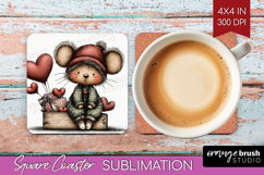 Mouse Valentine Square Coaster Whimsical Animal Coaster PNG Product Image 1