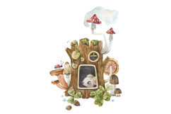 Watercolor Cute Mouse in Forest Stump House Illustration Product Image 2