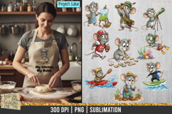 Cute mouse character clipart featuring various hobbies such as cooking, painting, hiking, fishing, sports, and crafting. High-resolution 300 DPI PNG with transparent background, perfect for sublimation and creative craft projects.