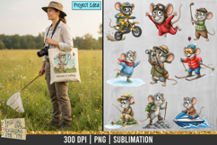 Cute mouse character clipart featuring various hobbies such as cooking, painting, hiking, fishing, sports, and crafting. High-resolution 300 DPI PNG with transparent background, perfect for sublimation and creative craft projects.