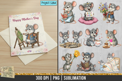 Cute Mother’s Day mouse illustration featuring hand-drawn characters with flowers, hearts, gifts, and sweet mom-themed elements in high-resolution PNG format.