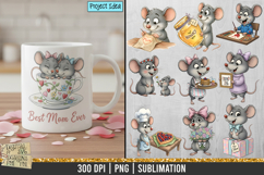 Cute Mother’s Day mouse illustration featuring hand-drawn characters with flowers, hearts, gifts, and sweet mom-themed elements in high-resolution PNG format.
