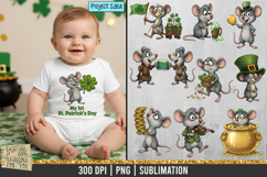 Adorable St. Patrick’s themed mouse illustration in high-resolution PNG, featuring leprechaun outfits, shamrocks, coins, and festive Irish elements for crafting and sublimation.