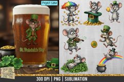 Adorable St. Patrick’s themed mouse illustration in high-resolution PNG, featuring leprechaun outfits, shamrocks, coins, and festive Irish elements for crafting and sublimation.