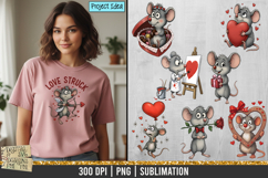 Adorable Valentine-themed mouse illustration in high-resolution PNG featuring hearts, flowers, romantic gestures, and sweet love elements for crafting and sublimation.