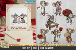 Adorable Valentine-themed mouse illustration in high-resolution PNG featuring hearts, flowers, romantic gestures, and sweet love elements for crafting and sublimation.