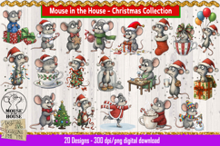 Christmas Mouse Clipart Collection preview featuring 20 festive mouse illustrations, including decorating, gifting, snowman building, and holiday scenes.
